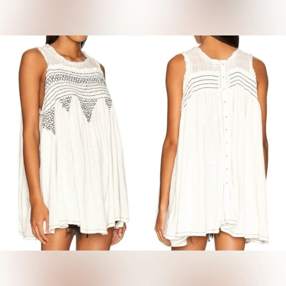 Free People Cream Sleeveless Tunic with Embroidery